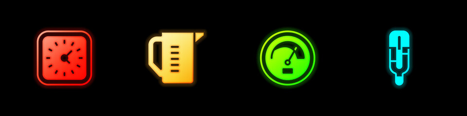 Set Clock, Measuring cup, Speedometer and Medical thermometer icon. Vector