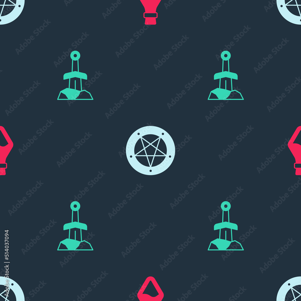 Poster set bottle with potion, pentagram in a circle and sword the stone on seamless pattern. vector