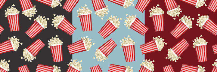 Set of hand drawn seamless patterns with cinema elements. Colorful texture with popcorn buckets on different backgrounds. Can be used for thematic wallpapers, package and surface design