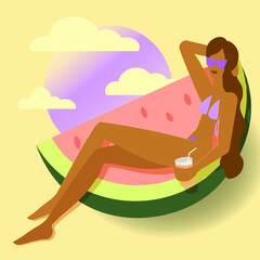 Vector summer illustration of a girl and watermelon