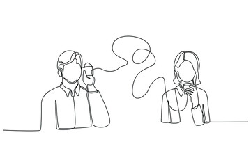 Continuous one line drawing business man and woman communicate with old technologies. Communication and Project management concept. Single line draw design vector graphic illustration.