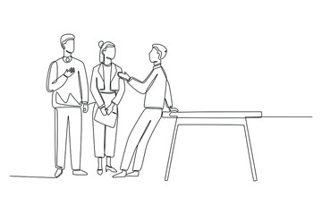 Continuous one line drawing business team discussing about management project in office. Communication and Project management concept. Single line draw design vector graphic illustration.