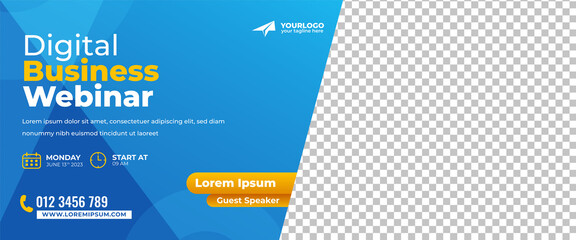 Business webinar horizontal banner design. Modern banner design with blue background color and place for the photo. Usable for banner, cover, and header.