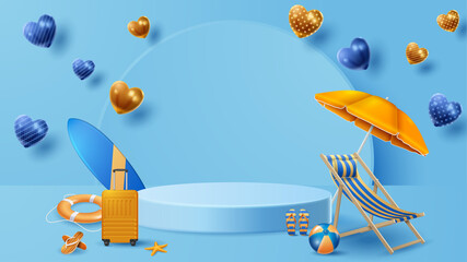 Summer display podium decoration background with beach ornament. Vector 3D Illustration
