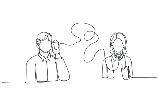 Continuous one line drawing business man and woman communicate with old technologies. Communication and Project management concept. Single line draw design vector graphic illustration.