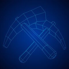 Pickaxe for extraction. Miners hand tool. Wireframe vector illustration