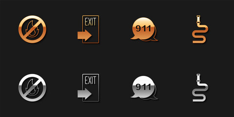 Set No fire, Fire exit, Emergency call 911 and hose reel icon. Vector