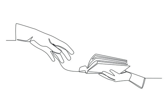 Single one line drawing Hand Giving Book. Sharing knowledge concept. Continuous line draw design graphic vector illustration.