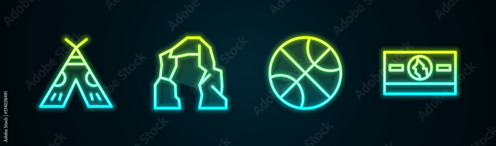 Poster Set line Indian teepee or wigwam, Grand canyon, Basketball ball and Stacks paper money cash. Glowing neon icon. Vector