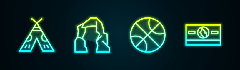 Set line Indian teepee or wigwam, Grand canyon, Basketball ball and Stacks paper money cash. Glowing neon icon. Vector © Kostiantyn