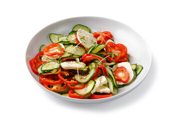Organic salad with sweet peppers, cucumbers, feta cheese, micro greens. Sliced salad. Isolated on white.