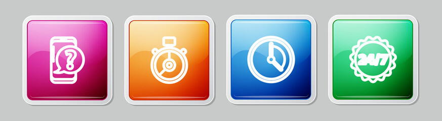 Set line Mobile phone with question, Stopwatch, Time Management and Clock 24 hours. Colorful square button. Vector