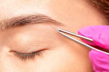 The makeup artist plucks the eyebrows before the coloring procedure. Professional make-up and face...