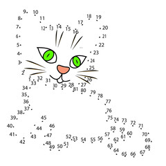  Kids game with unicorn. Education worksheet, activity page for children. Dot to dot by numbers drawing tutorial. Coloring page for kids kitten.  Vector isolated graphic
