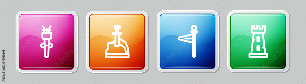 Poster set line torch flame, sword in the stone, medieval flag and castle tower. colorful square button. ve