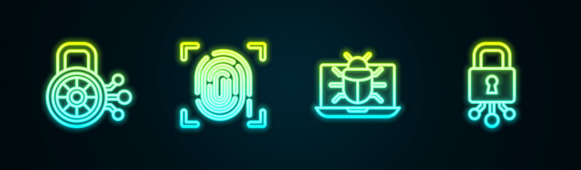 Set line Cyber security, Fingerprint, System bug on monitor and . Glowing neon icon. Vector