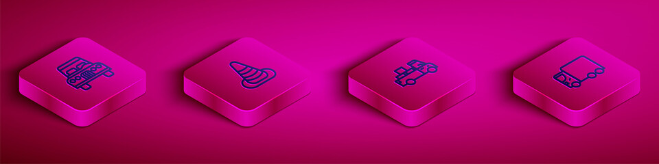 Set Isometric line Car, Traffic cone, Delivery truck and cargo icon. Vector