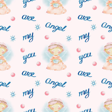 Watercolor seamless pattern with cute little angel girl with small rabbit. Kids pattern design.