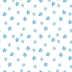Watercolor stars seamless pattern. Blue stars kids wallpaper design. Starred sky