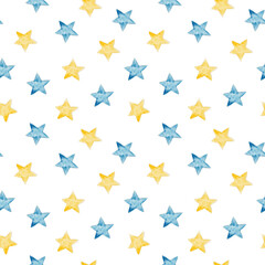 Watercolor stars seamless pattern. Blue and yellow stars kids wallpaper design. Starred sky