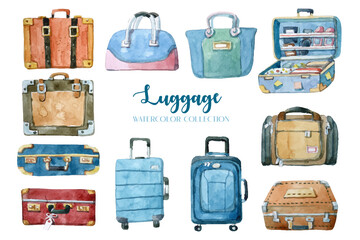 Watercolor painting of luggage collection.