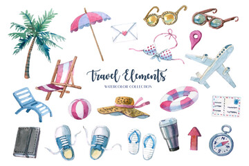 Watercolor painting of travel elements collection.