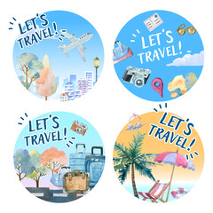 Watercolor painting travel elements in 4 round shapes design.