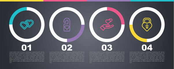 Set line Two Linked Hearts, Please do not disturb, hand and Castle the shape of heart. Business infographic template. Vector