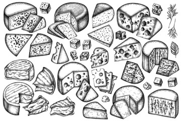 Naklejka premium Cheese vintage vector illustrations collection. Black and white brie, gouda cheese, roquefort, etc.