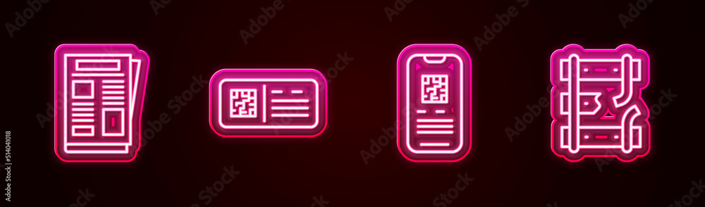 Poster set line news, qr code ticket train, e-ticket and broken rails on railway. glowing neon icon. vector