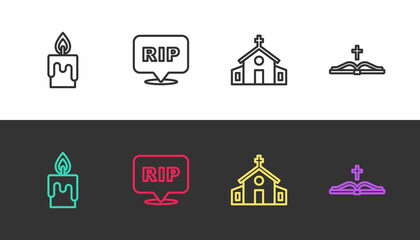 Set line Burning candle, Speech bubble rip death, Church building and Holy bible book on black and white. Vector