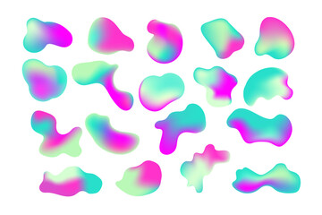 Random gradient iridescent irregular shapes. Set isolated liquid elements of holographic bright colorful design palette of shimmering colors. Modern abstract fluid splash .
