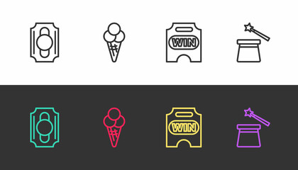 Set line Circus ticket, Ice cream in waffle cone, and Magic hat and wand on black and white. Vector