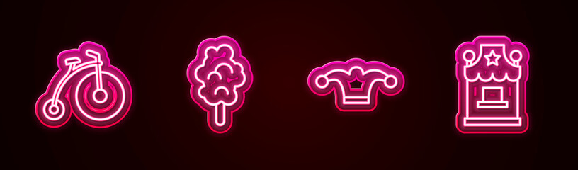 Set line Vintage bicycle, Cotton candy, Jester hat with bells and Ticket box office. Glowing neon icon. Vector