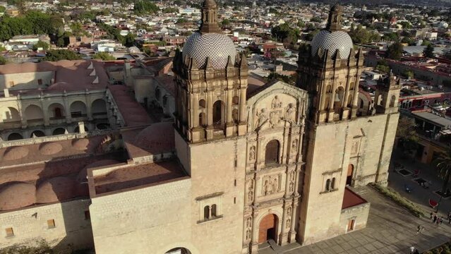 Aerial Shot of Cathedral Templo de Santo Domingo de Guzman is a Baroque ecclesiastical building at sunset in Oaxaca, Mex