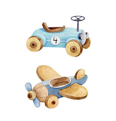 set of blue cartoon transport, plane and car. watercolor illustration.