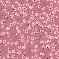 Seamless pattern with pink sakura flowers, watercolor illustration.