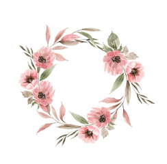 round frame with delicate pink watercolor flowers, hand painted.