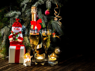 New Year`s or Christmas background with lights and Champagne
