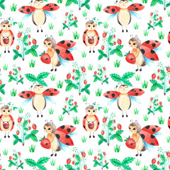 Hand drawn watercolor seamless summer pattern with lady birds with spotted wings flying smiling holding strawberry leaf, berry and basket. Aquarelle element for print kids fabric, wrapper and cards