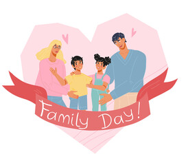 Family day banner layout for greeting cards and festive holiday posters, flat vector illustration isolated on white background. Family happiness and togetherness.