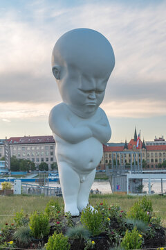 Bratislava, Slovakia - May 31, 2022: Big and white Niemand (Picus) sculpture on Danube river.