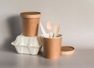 Disposable food containers, biodegradable packaging. Nature conservation concept