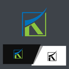 letter K logo or pictogram connected to frame and divided to two color green blue