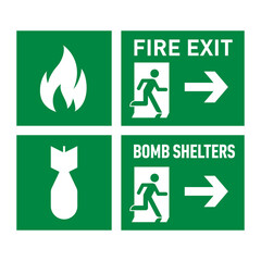 Set of Two Green Evacuation Signs - Fire Exit, and Bomb Shelters. The Signs Show the Direction of the Escape