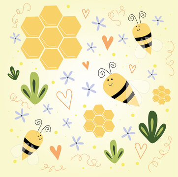 set of bee, honeycomb and plant stickers