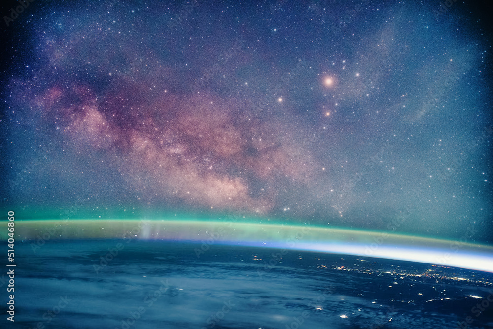 Wall mural landscape with milky way galaxy. earth and aurora view from space with milky way galaxy. (elements o