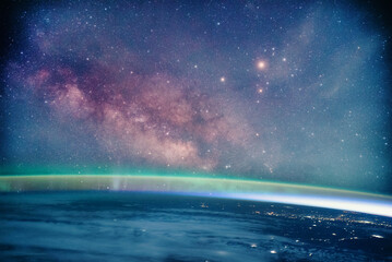 Landscape with Milky way galaxy. Earth and Aurora view from space with Milky way galaxy. (Elements of this image furnished by NASA)