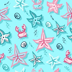 Seamless pattern with starfish. Cute starfish in doodle style. Vector illustration