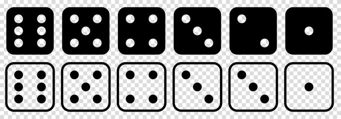Game dice icons. Collection in flat and linear design from one to six. Vector illustration isolated on transparent background